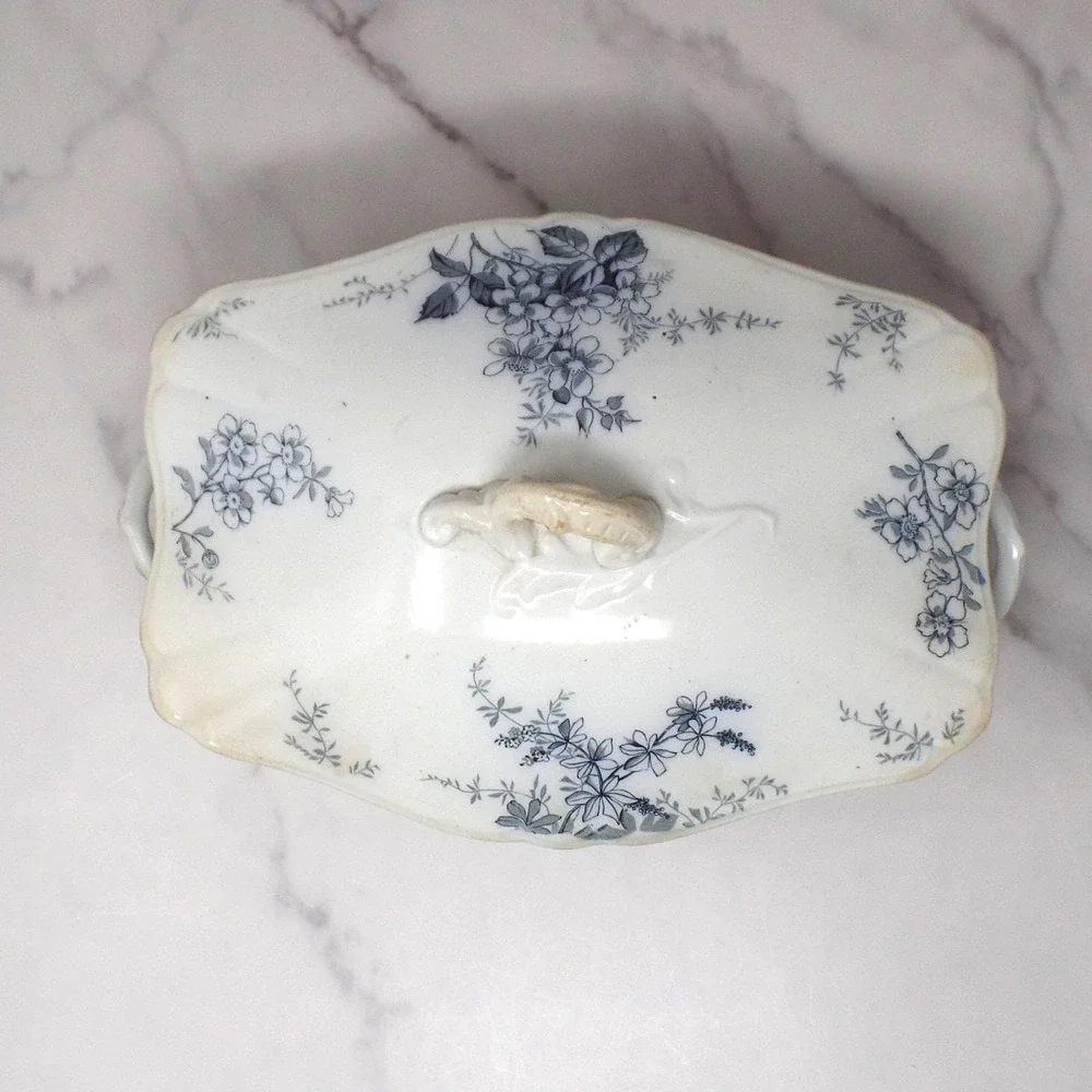 Antique Alfred Meakin Ironstone Transferware Covered Vegetable Dish, Blossom